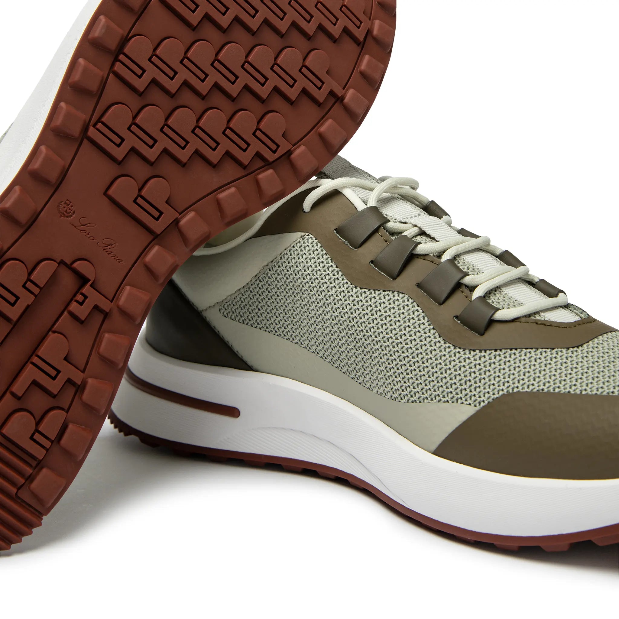 Sole Side View of Loro Piana Week End Walk Frost Dark Green Linen Mesh Sneaker FAM1718_F7X9